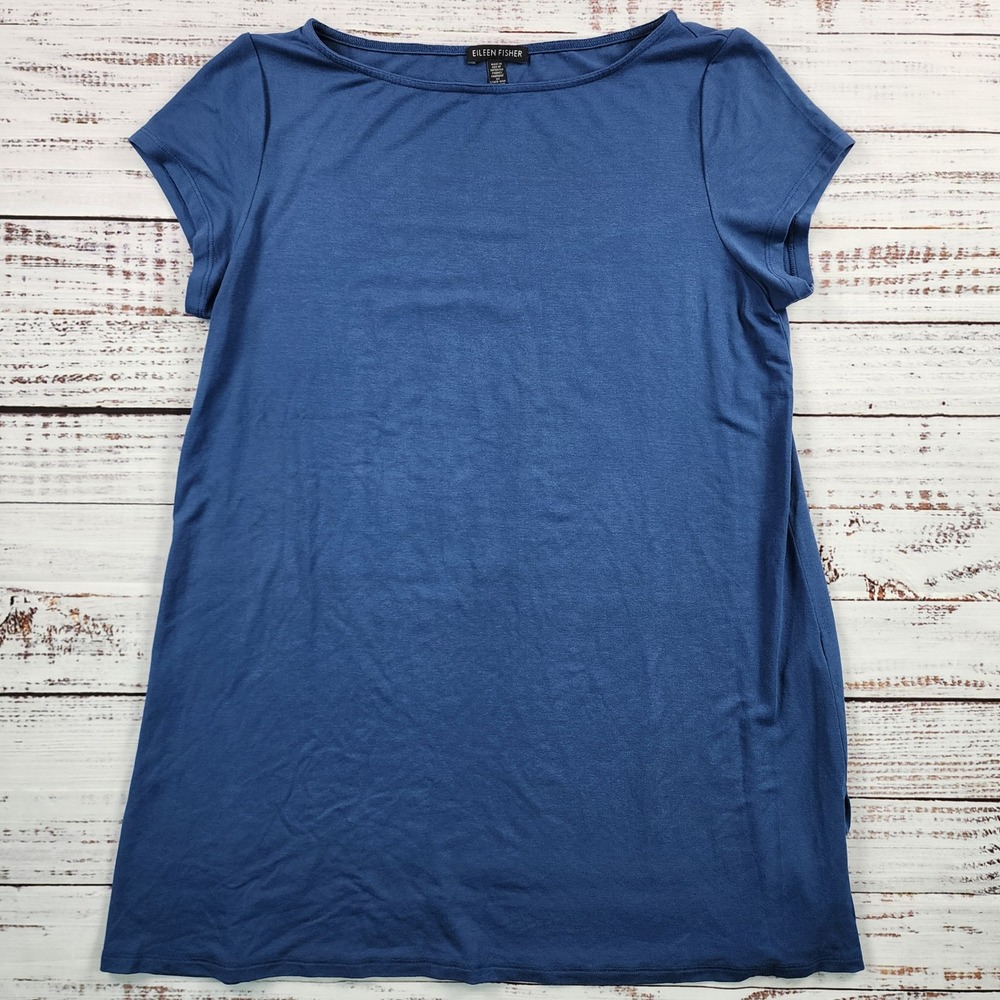 Eileen Fisher Fine Jersey Boatneckā Cap Sleeve T-Shirt Blue Top Womens Medium